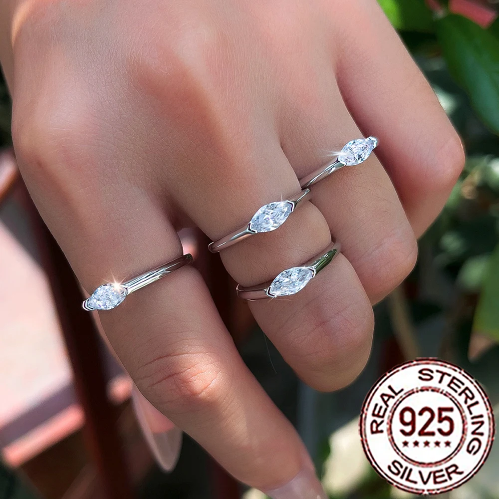 QooLady 925 Sterling Silver Shiny Marquise Shape Minimalist Single Zircon Ring for Women Wedding Engagement Jewelry Gift  SR110
