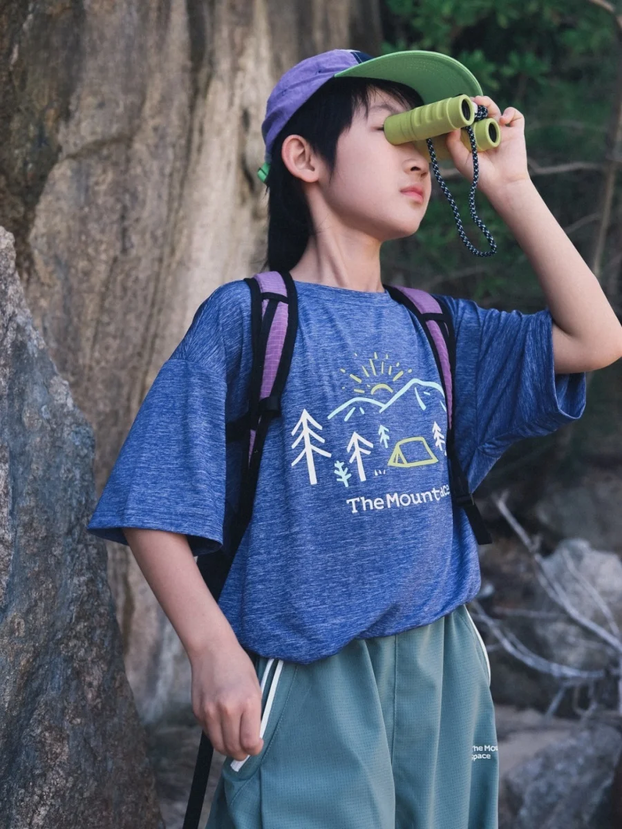 Quick Dry Thin Short Sleeve T Shirt for Boys Summer Outdoor Camping Mountain Series Standard Fit Polyester Spandex Kids Top