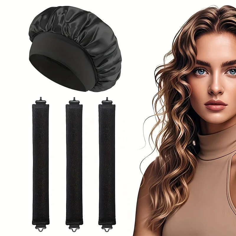 4 Pcs No Heat Hair Curler Set with Satin Bonnet, Overnight Anti-Frizz Wave Styling Tools, Adjustable Soft Fit for All Hair Types