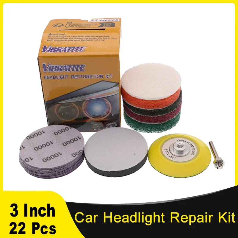 3Inch Car Headlight Restoration Kit 22Pcs with Scouring Pad and Purple Wet Dry Sandpaper for Automotive Cleaning and Polishing