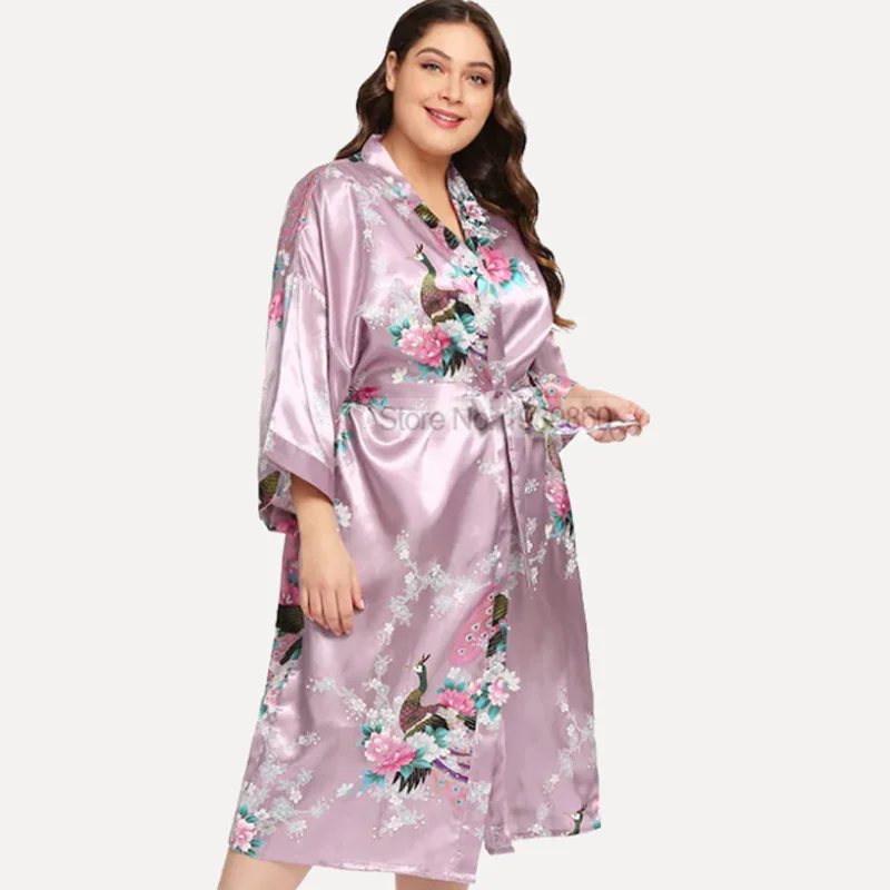 Long Satin Robe Lady Print Peacock Nightwear 3XL Kimono Bathrobe Gown V-Neck Lingerie Large Size Nightgown Lounge Wear Sleepwear