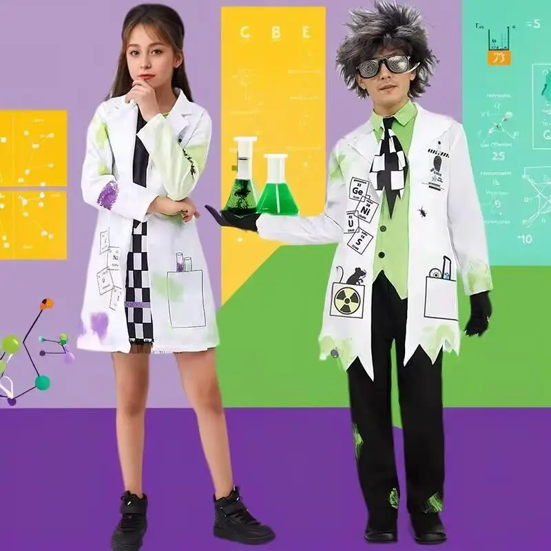 

Костюм сумасшедшего ученого на Хэллоуин, детский праздничный наряд, одежда для научных монстров, наряд для ролевых игр, костюм на Хэллоуин