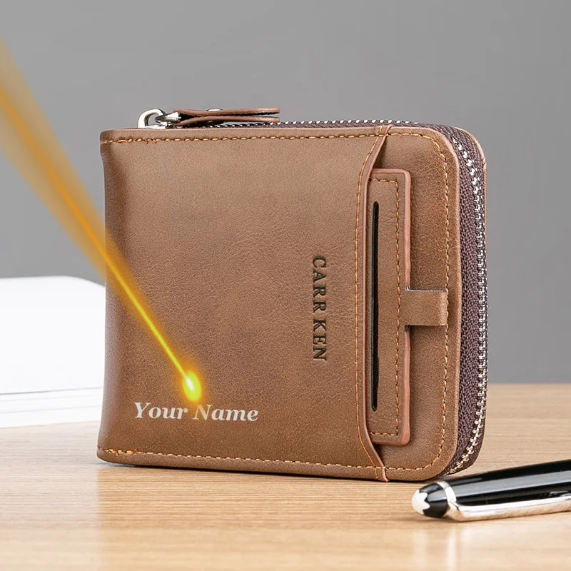 Personalised Name Men Wallet Zipper Bifold Leather Fashion Casual Card Short Wallet for Men Window Case Purse Gift for Husband