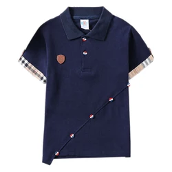 Boys New T-shirt Summer Stripe Plaid T shirt Girls cotton Clothes England Style Tees Kids Turn-down Collar Children's Clothing