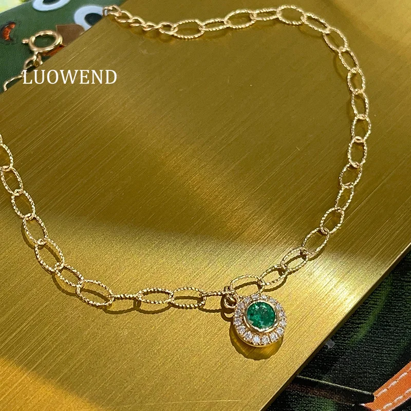 LUOWEND 100% 18K Yellow Gold Bracelet Elegant Style Shiny Diamond Natural Emerald Bracelet for Women Anniversary Gift