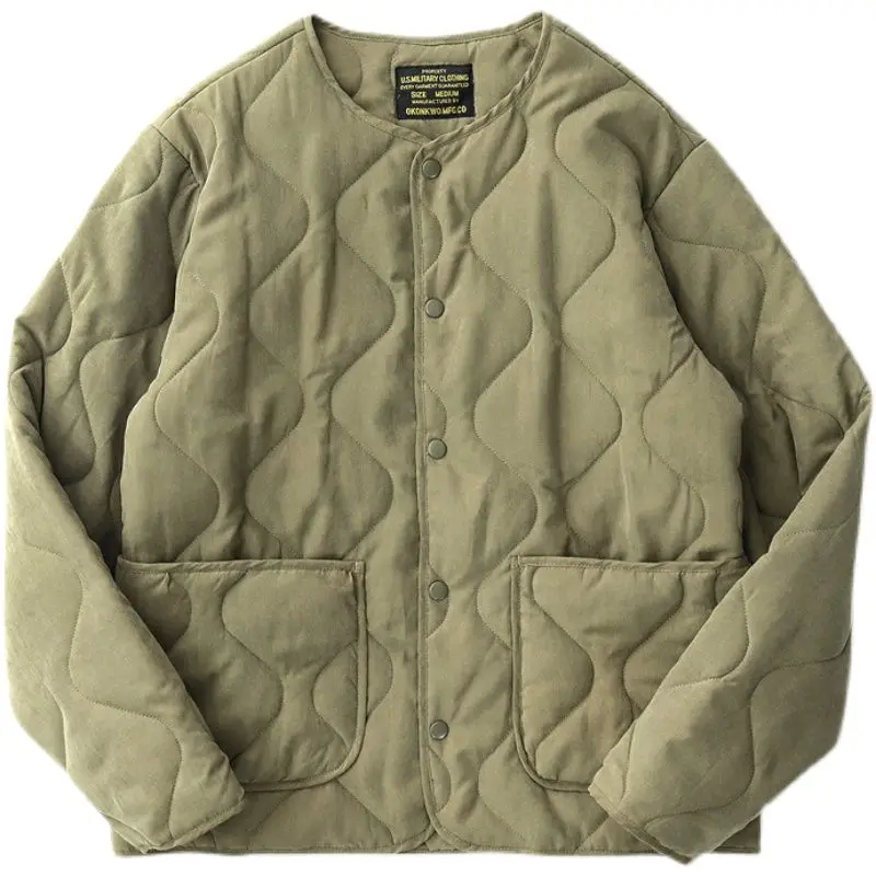 Retro American Workwear Cotton Jacket Unisex Winter Outerwear with Large Pockets Button-Up Coat Youthful Style Polyester Fiber