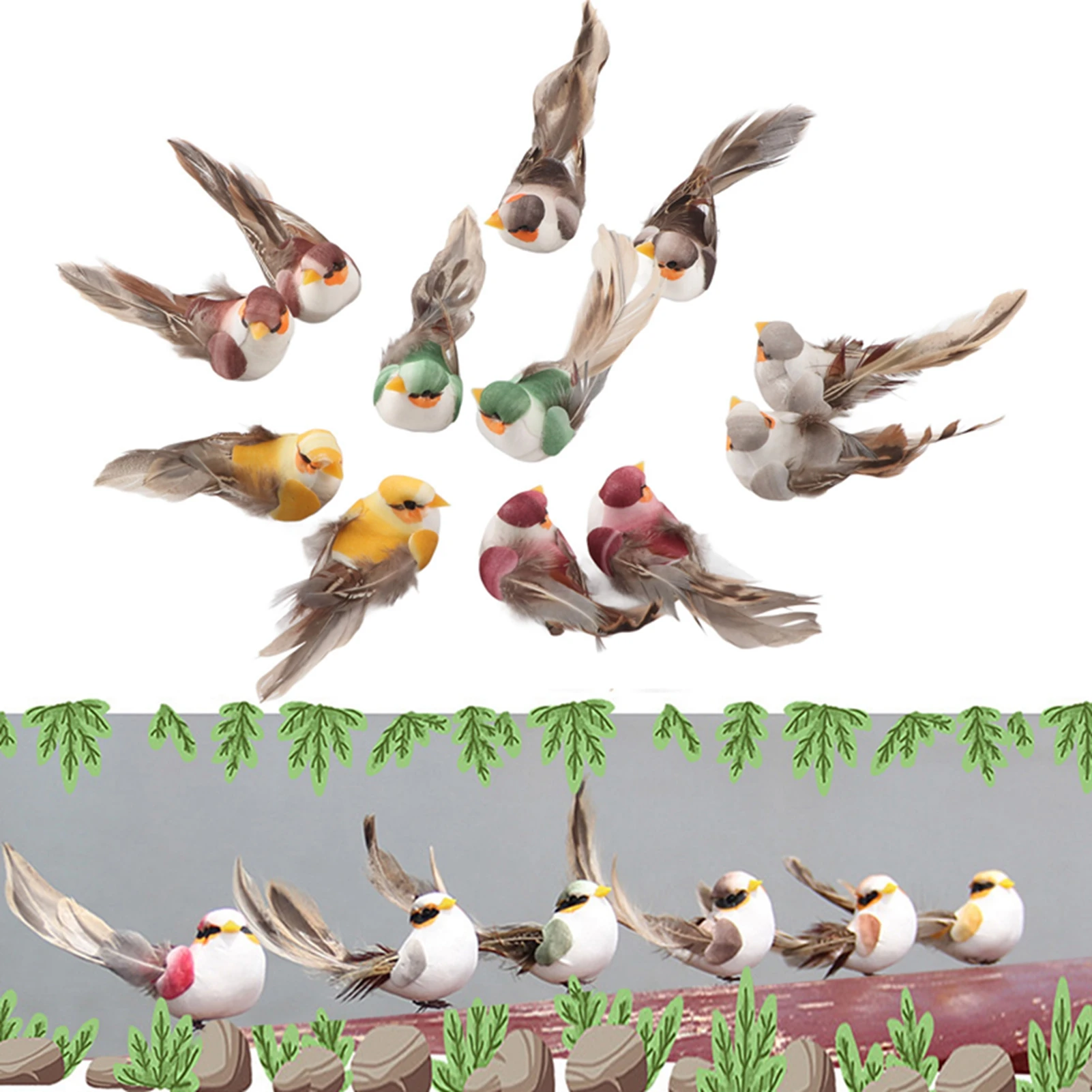 

12Pcs Artificial Feather Bird Fake Birds Christmas Decoration Foam Animal Wedding Home Garden Ornament Gift Craft Bird