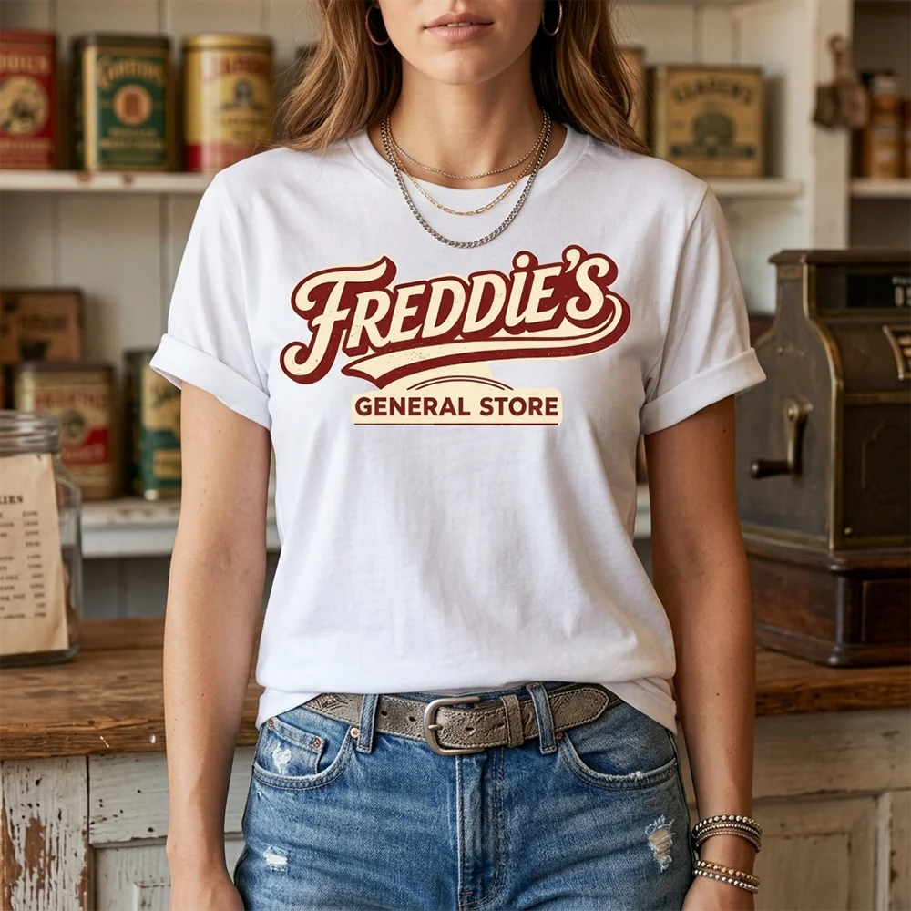 Women Men Freddies General Store Retro White Graphic Print Oversized T Shirt Vintage Streetwear ﻿