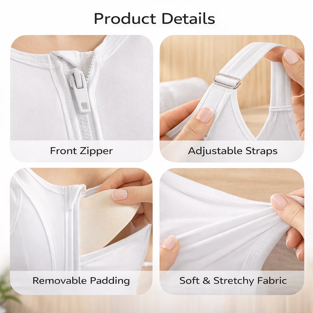 Women’s Front Zipper Sports Bra Plus Size Adjustable Straps Shockproof Crop Top for Yoga Gym Fitness