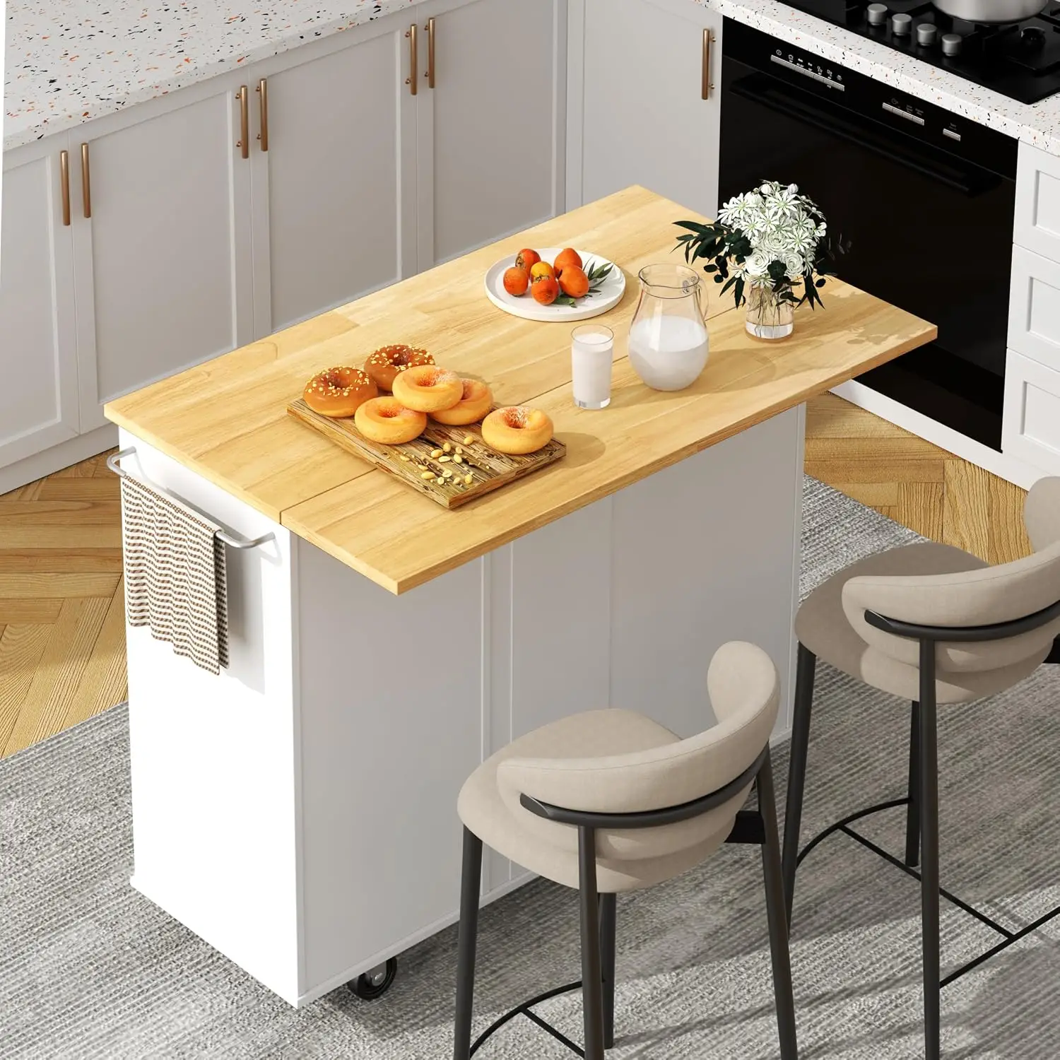 Rolling Kitchen Island Table With Folding Drop Leaf, Utility Storage Organizer Cabinet On Wheels With Seating Area Counter, Mobile Kitchen Prep Station Bar Cart, White
