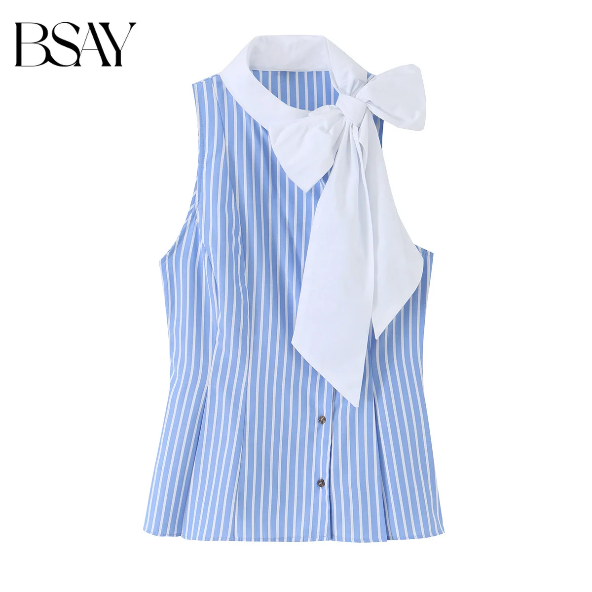 BSAY 2026 Sommer Blau-Weiß Gestreiftes Neckholder-Top für Damen mit Schleifenkragen, Ärmellose Bluse mit Knopfleiste, Schmal Geschnittenes Tanktop für Büro und Alltag