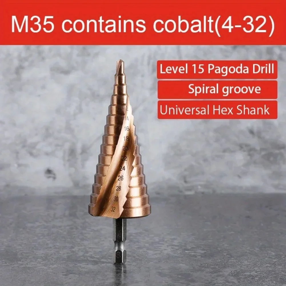 M35 Kobalt-Stufenbohrer, konisch, 4–12/4–20/4–32 mm, HSS-CO Spiralnut-Bit, Loch, offene Säge, Spiralnut, Sechskantschaft, Metallbohrer – Detail 3