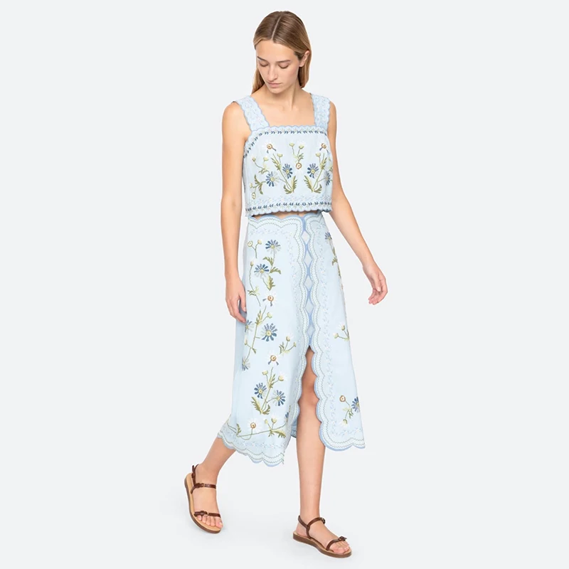 

Spring Summer 2026 Floral Embroidery Long Half Skirt Set Women's Fashionable Two-Way Wear Vest Ensemble Short Sleeve
