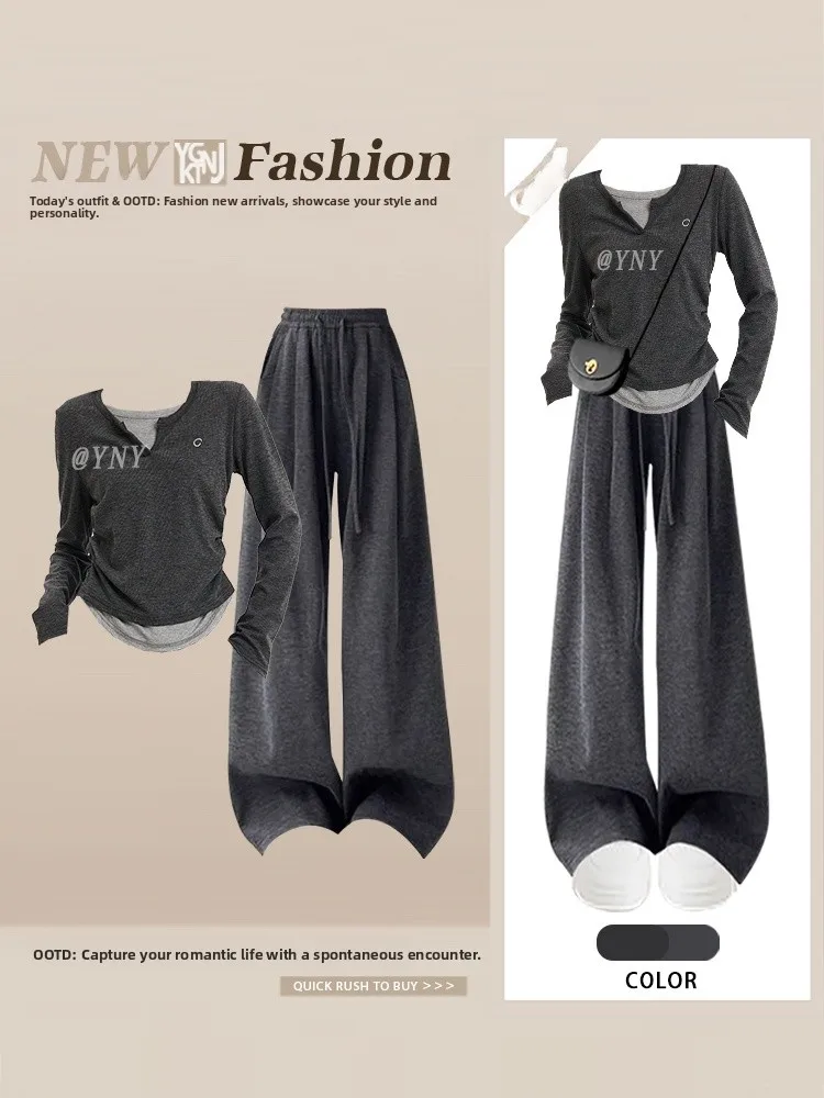 

Повседневный комплект из двух предметов, женский топ с эластичной резинкой на талии, прямые брюки, осенний модный свободный трикотаж с v-образным вырезом