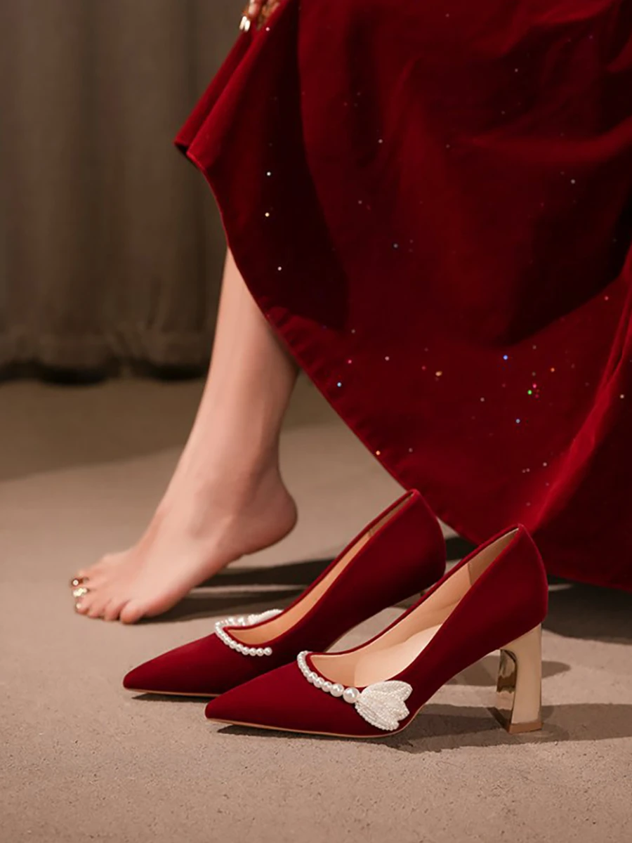 Zapatos de Novia de Ante Rojo para Mujer, Tacones Altos Elegantes con Tacón Grueso, Cómodos para Ceremonias y Vestidos Qipao