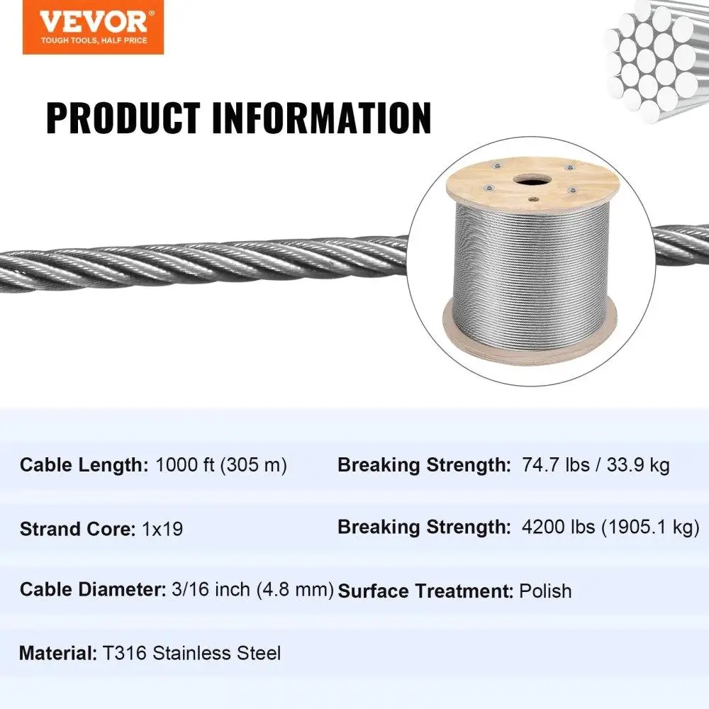 Cabo de aço inoxidável 3/16 1000 pés t316 grau marinho para trilhos de deck 1x19 fios cabo de aeronave trançado de construção para deck