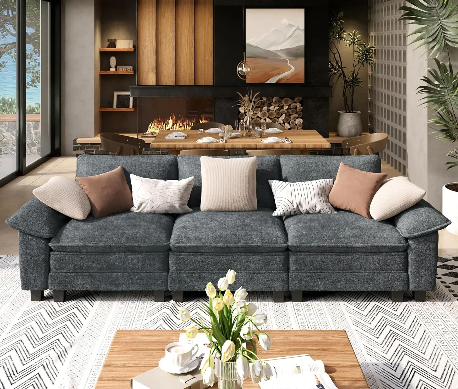 

123.6" Modular 3 Seat Chenille Sectional Sofa Oversized Deep Seat Wider Armrest Pillow Living Room Customized