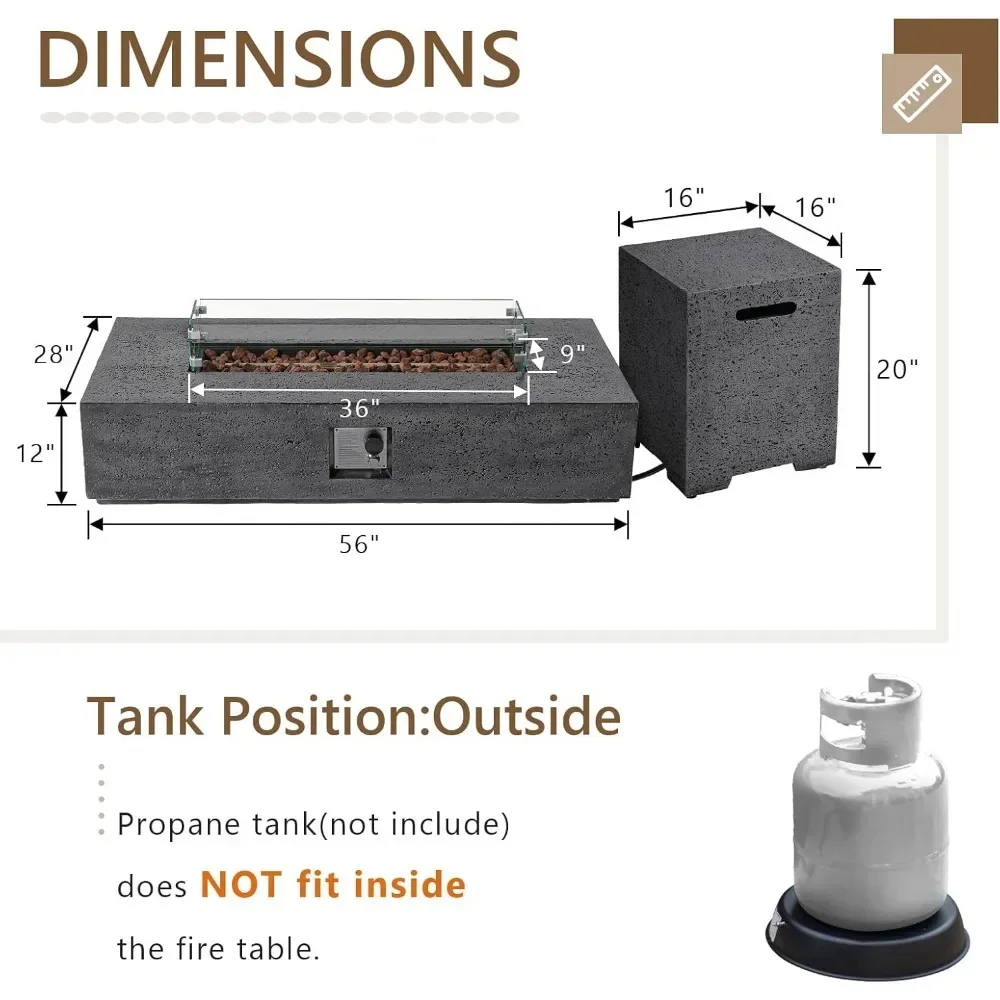 Propane Fire Pit Table with Concrete Rectangle Base Free Lava Rocks and Rain Cover Patio Outdoor Heating Wicker Fire Table