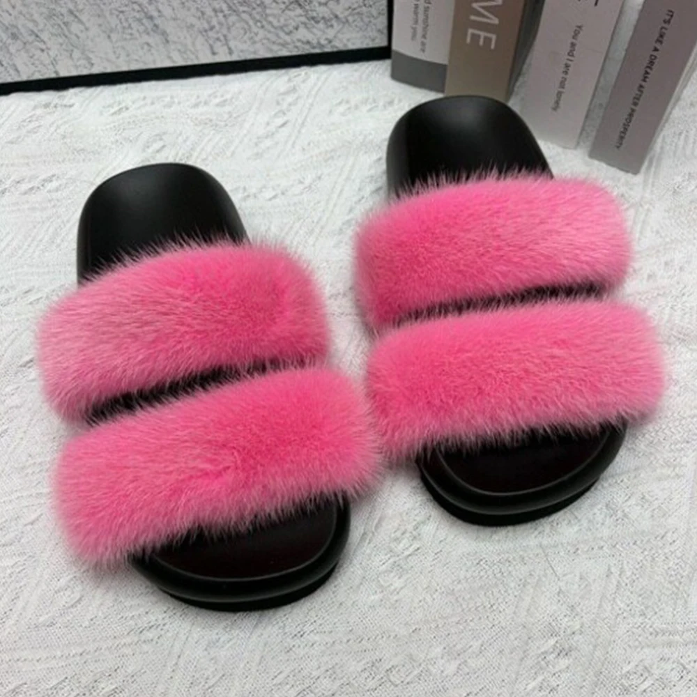 Summer Women's Slippers Design Fashion Luxury Flat Heels Mink Fur Sldes Home Non-Slip Sexy Female Open Toe Party Slippers