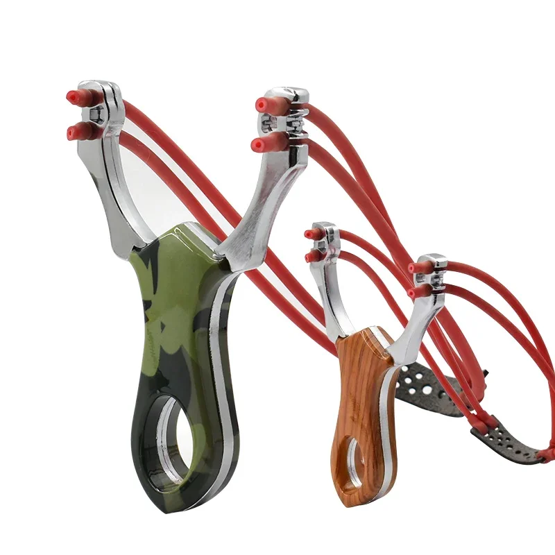 Cheap Wooden Handle Alloy Slingshot Fast Hunting Shooting Powerful Sling Two-color Multi-strand Rubber Band High Elasticity