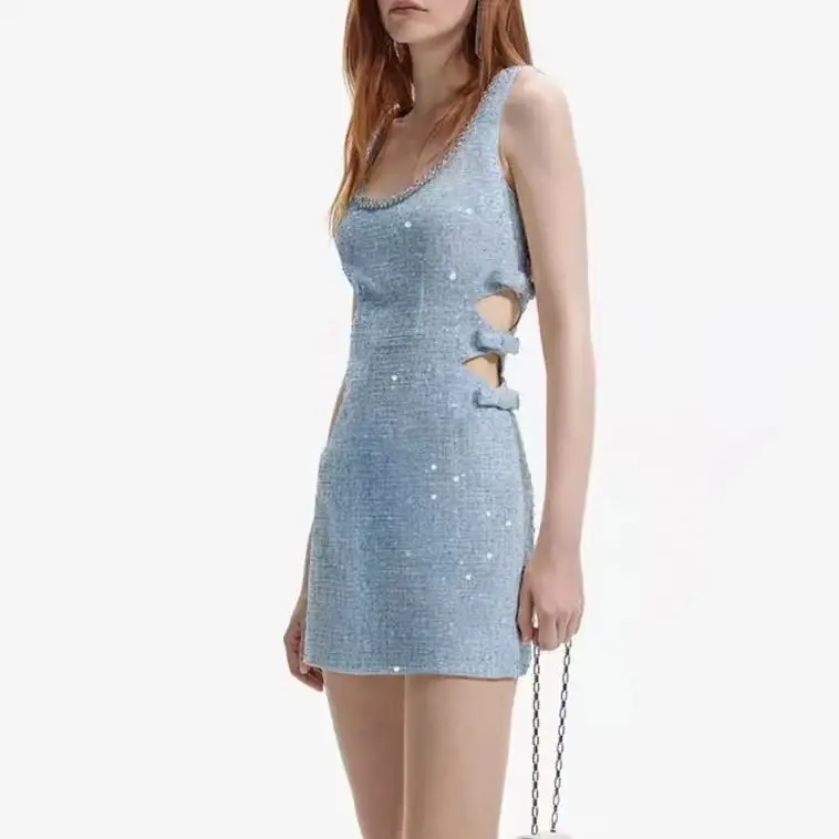 

Women blue tweed mini dress waist hollow slim sweet dress
