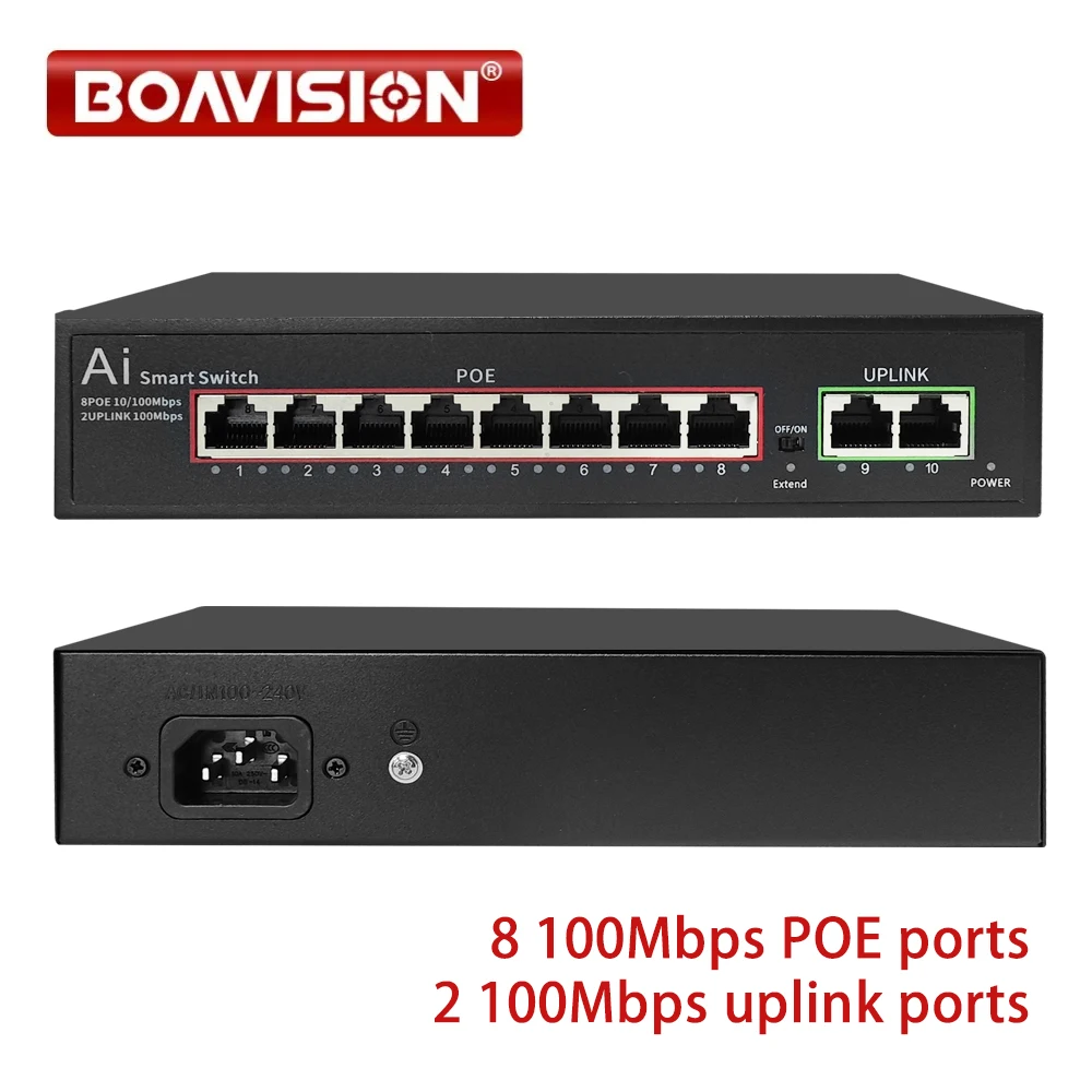 8 100Mbps PoE ports & 2 100Mbps uplink ports 2Gbps IEEE802.3at/af PoE Switch Adapter Max 30W Support POE IP Camera