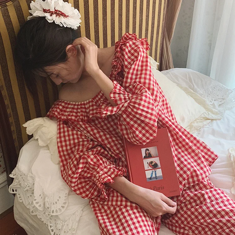 

Women Purified Cotton Loungewear Pajamas Set Sleepwear Girls Summer Spring Autumn Sweet Plaid Homewear Sleeping Clothes Suit