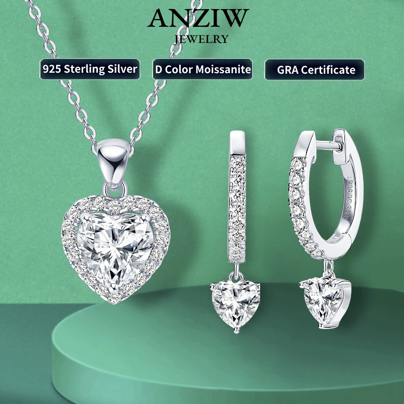 Real 925 Silver Jewelry Set 2ct Heart cut Moissanite Pendant Necklace & 0.5ct Moissanite Drop Hoop Earrings Sets Gift for Women