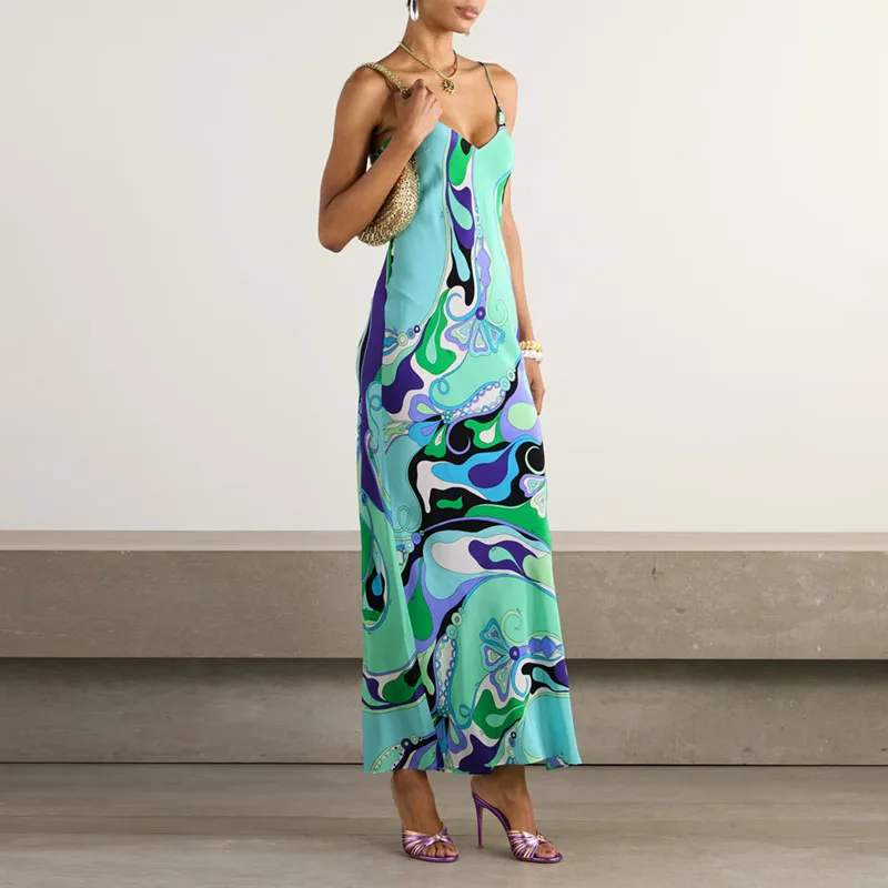 Boho sexy scollo a V spacco laterale abiti lunghi donna modello primaverile stampa abito da sera sottile abito estivo con spalline in raso senza schienale