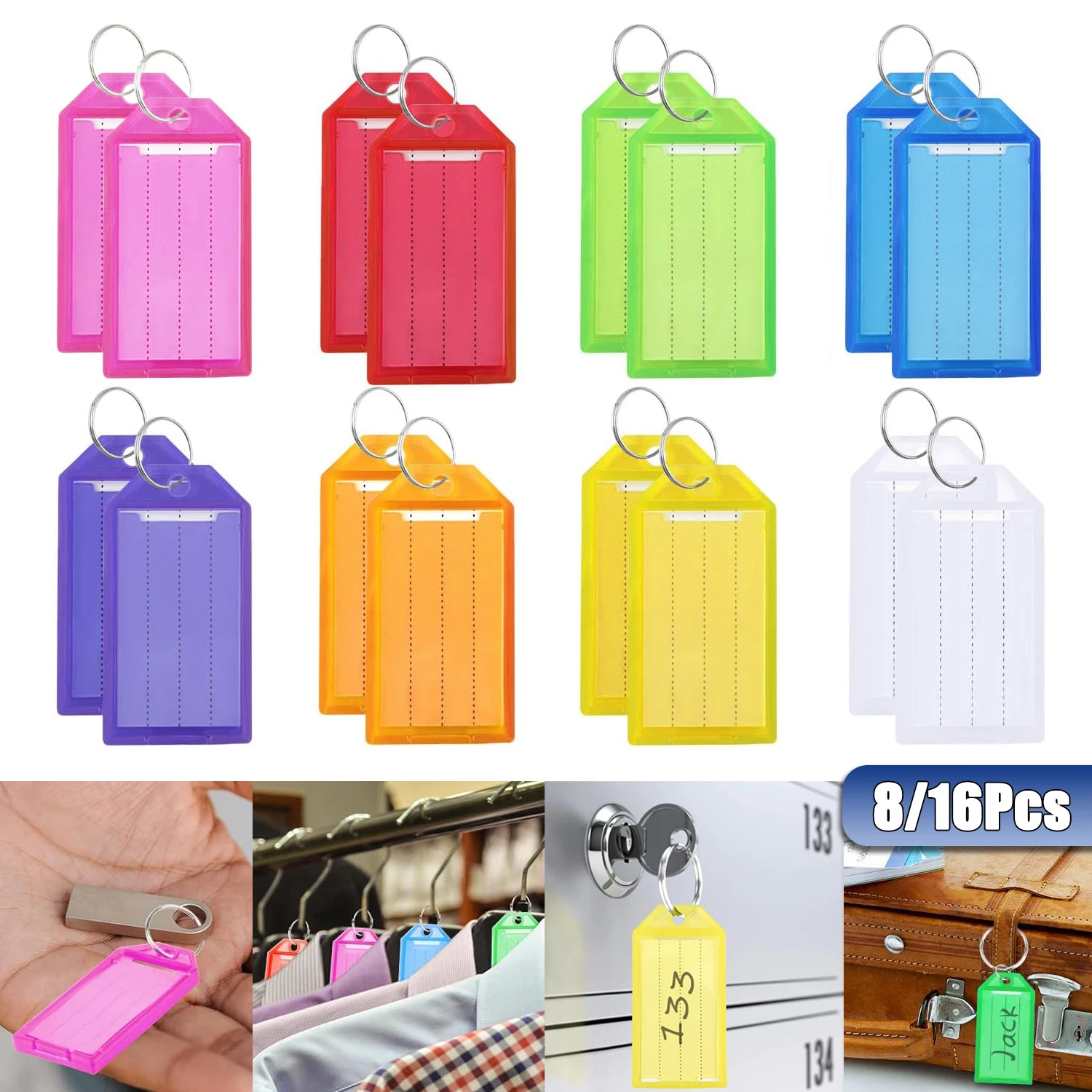 

8/16Pcs Tough Plastic Key Tags with Split Ring Label Window Assorted Colors Key Chain Label Item Identifiers ID Tag for Keys