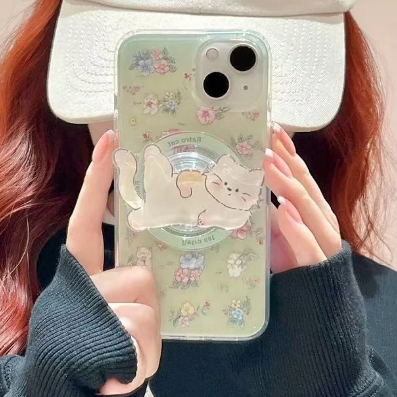 Korean Cute Kitty For Magsafe Phone Magnetic Griptok Stand For iPhone Funny Foldable Wireless Charging Case Holder