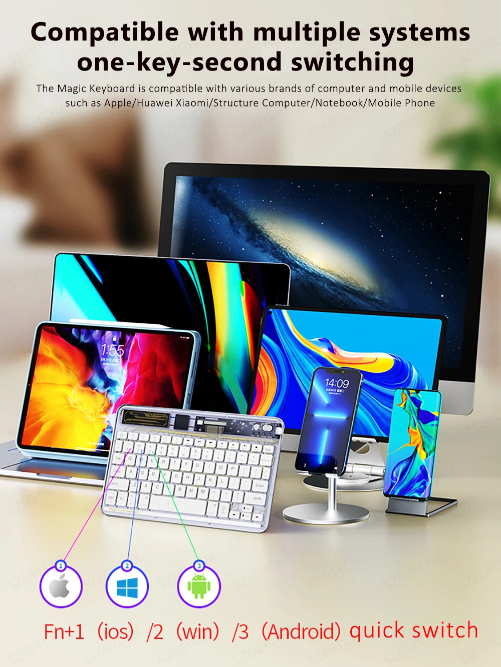 Transparent Wireless Bluetooth Keyboard for iPad Smartphone Tablet Laptop Backlit for iOS Android Windows Transparent Wireless B