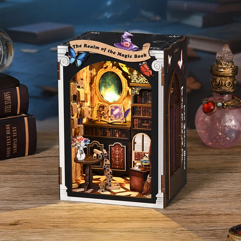 DIY Holz Buch Nook Figuren Miniaturen Kits Bücherregal Hause Buchstütze Dekoration Für Erwachsene Handgemachte Puppenhaus Spielzeug Weihnachten Geschenk
