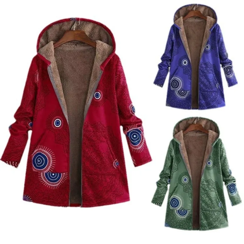 Printed Hooded Long Sleeve Coat Oversized Vintage Women Autumn Winter Warm Plush Jacket Casual Ladies Clothes