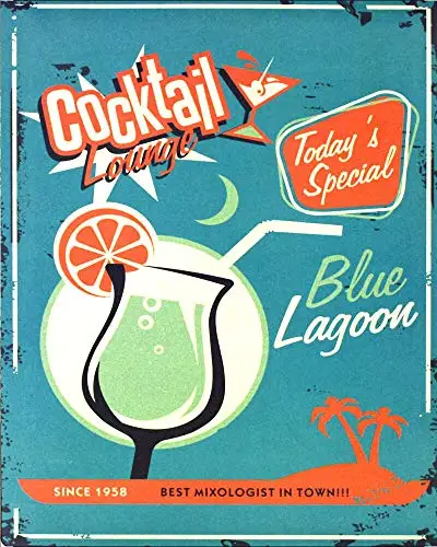 Cocktail Lounge Blue Lagoon Vintage Metal Tin Sign Wall Plaque 12x8 Inches