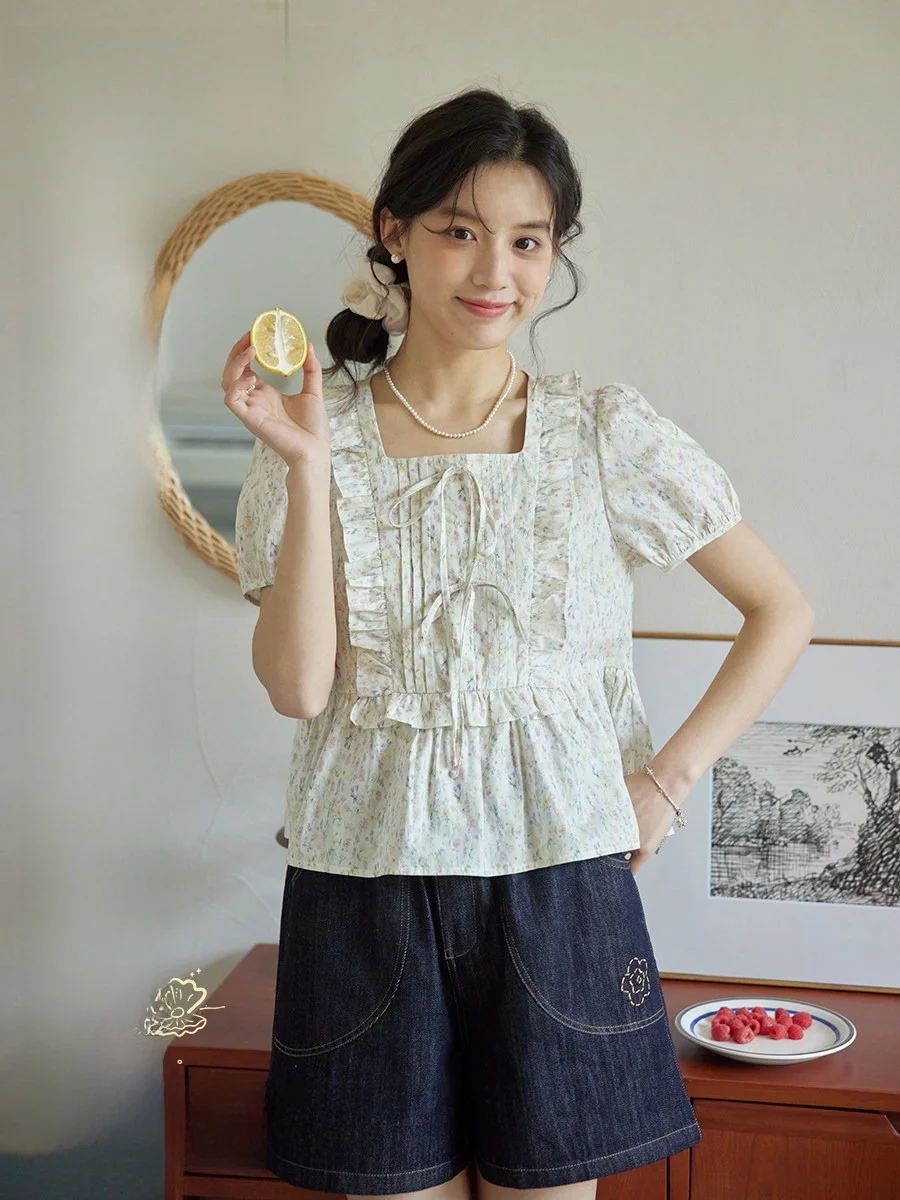 

Блузка Nov Et Sweet с цветочным принтом, рукавами-фонариками и бантом, квадратным воротником, короткая хлопковая летняя блузка для женщин