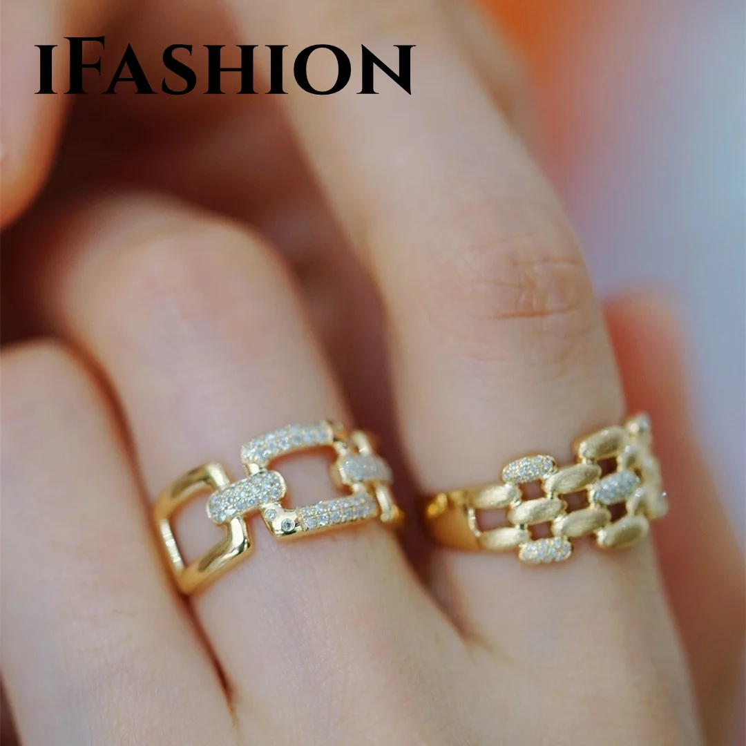 

IFASHION 18K Solid Yellow Gold Square Chain Big Diamond Ring Jewelry(AU750)Women Net Celebrity Designer All-Match Single Product