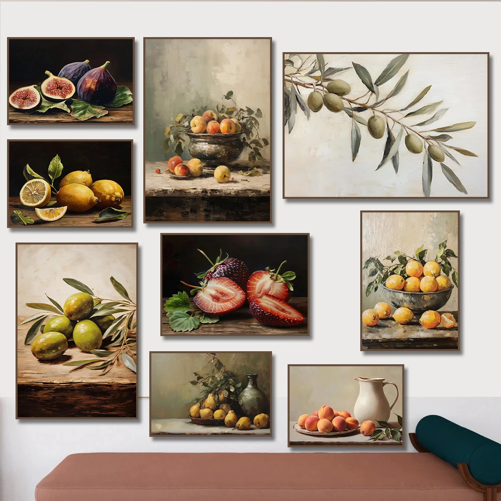 Vintage Wall Art Italy Olive Tree Pear Fig Orange Lemon Fruit Canvas Painting Poster Prints Still Life Antique Home Room Deco