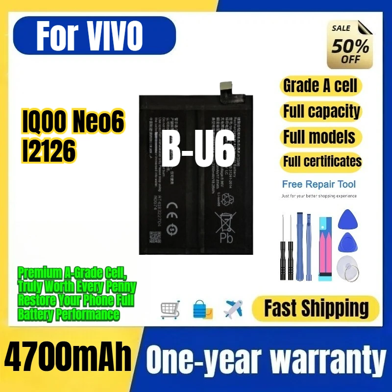 B-U6 for VIVO IQOO Neo6/I2126 Phone Battery 0 Cycle High Quality Capacity Battery Replacement Bateria Grade A Cell with Tools