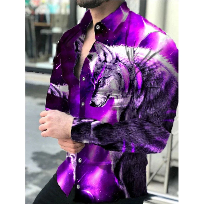 Fashion Social Men Long Sleeve Shirts Wolf Print Turn-down Collar Buttoned Shirt Casual Tops Men\'s Luxury Outdoor Clothing