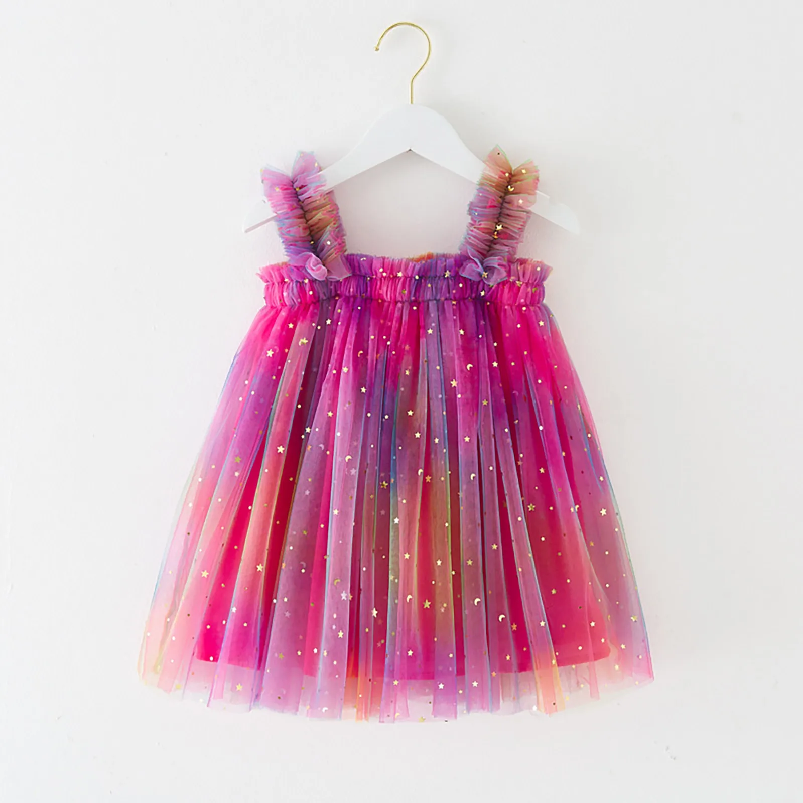 Toddler Girls Sleeveless Star Moon Tie Dye Tulle Dress Holiday Sling Sundress Dance Party Dresses Clothes Tutu Dresses for Girls