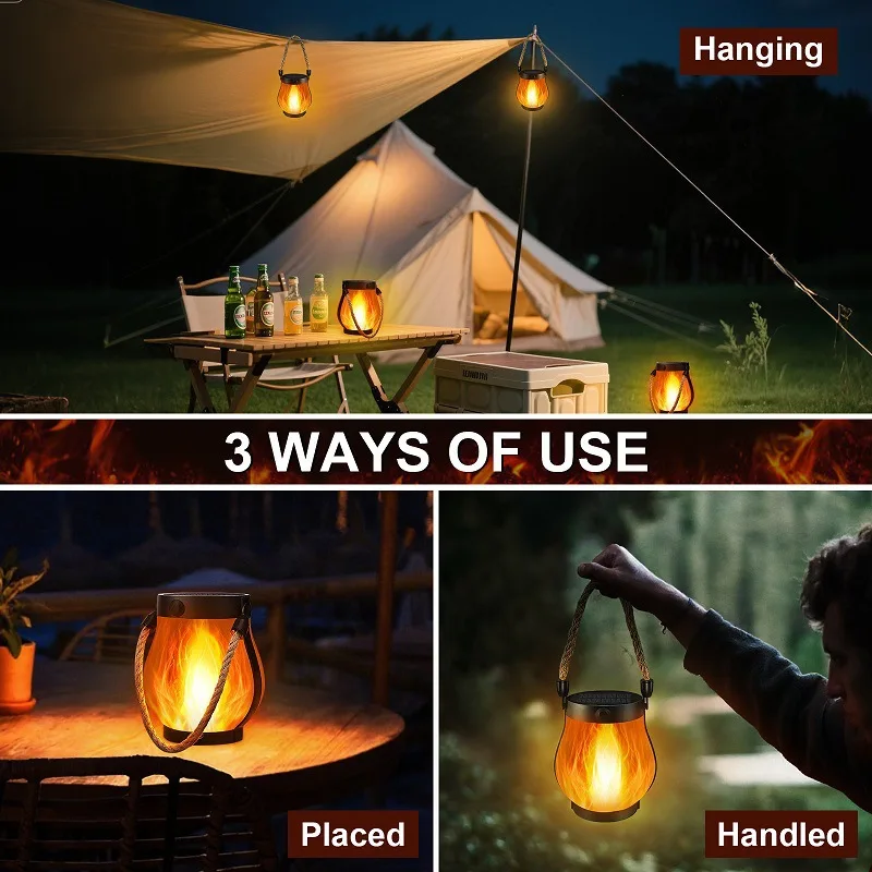 USB Rechargeable Camping Light Solar Flame Lights IPX4 Waterproof 800 Lumens 1200mAh Hanging Lantern Outdoor Lights