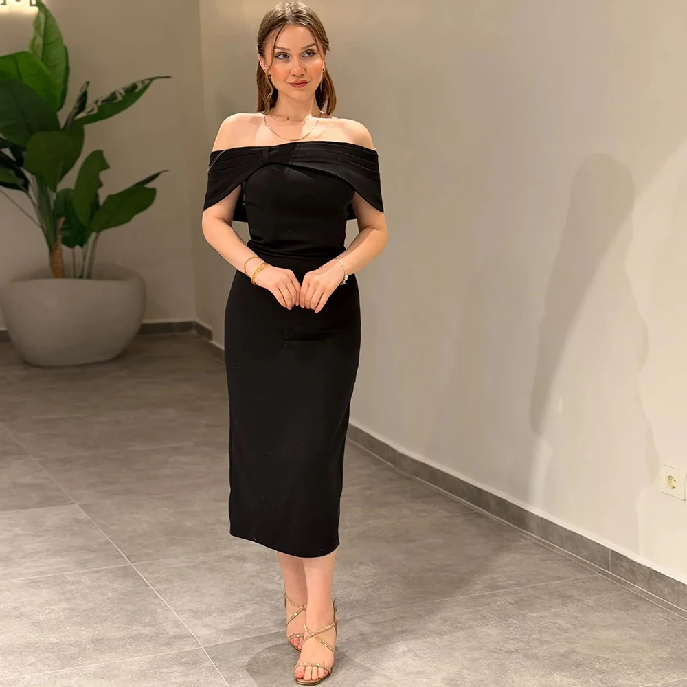 

Simple Black Short Evening Dress for Women Off the Shoulder Tea Length Special Occasion Gowns Customized Jersey Prom Dresses