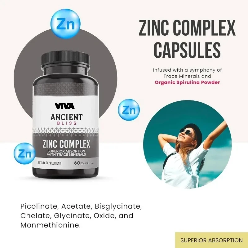 Zinc composite capsules, enhancing absorption, antioxidant and immune support, men's and women's zinc supplements (60 capsules)
