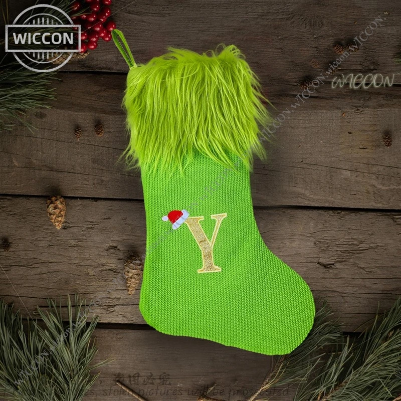 Christmas Decorations Christmas Socks Home Decor Venue Layout Large Knitted Green Hairy Monster Christmas Letter Socks 47*26CM