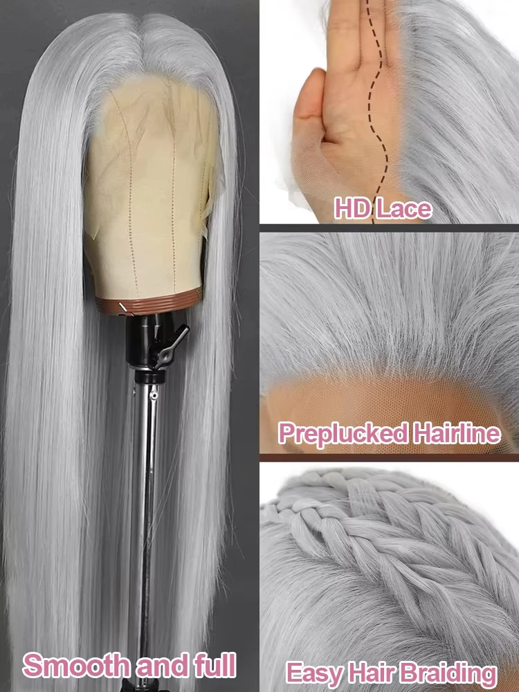 Wig Depan Renda Lurus Abu-abu Perak 100% Rambut Manusia Berwarna 13X6 HD Wig Frontal Renda Transparan Dikelantang Pra Dipetik untuk Wanita