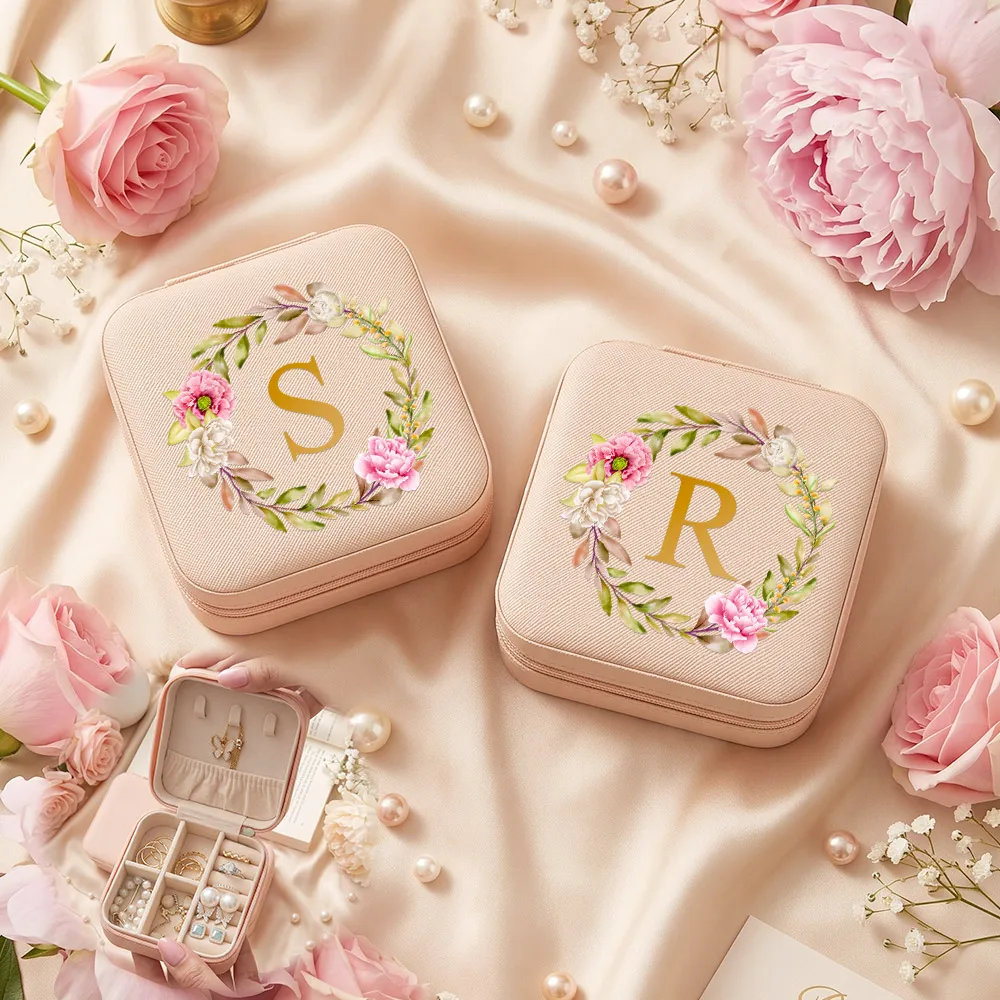 PU Leather Jewelry Storage Box With Initials, Store Necklace, Ring, Earrings,Portable Jewelry Organizer for Women's Commuting