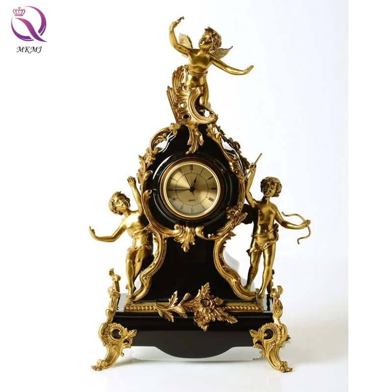 Low MOQ European style home decoration table clock French luxury red ceramic clock pure copper angel desk clock