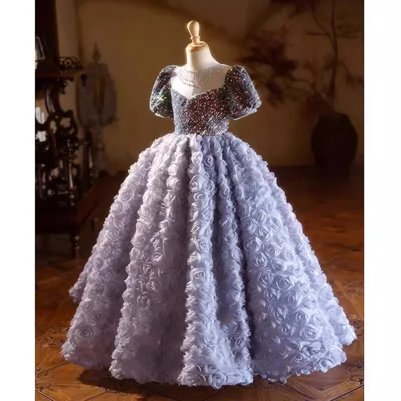 Children Princess Dress High End Ruffles Young Girls Wear Dresses Puff Sleeves Flower Tulle Elegant Boutique Kids Clothing