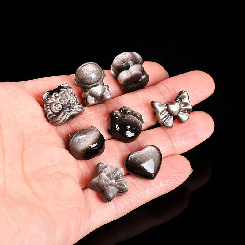 Natural Obsidian Stone Small Carving Crafts Lion Dance , Cat Claws, Nine Tailed Fox ,Butterfly DIY Pendant Accessories